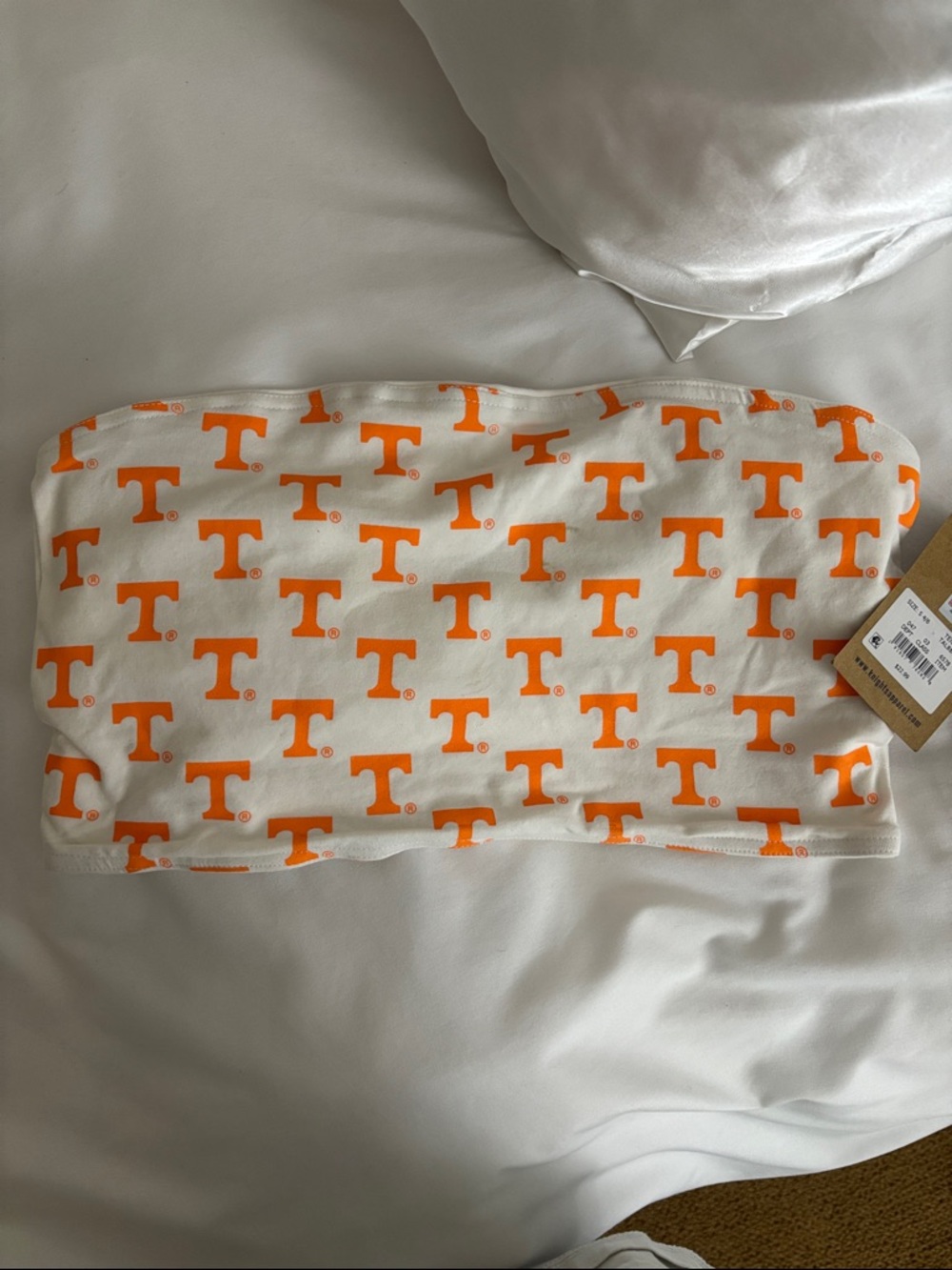White Tennessee Volunteers Strapless Bandeau with Orange T Logo Print